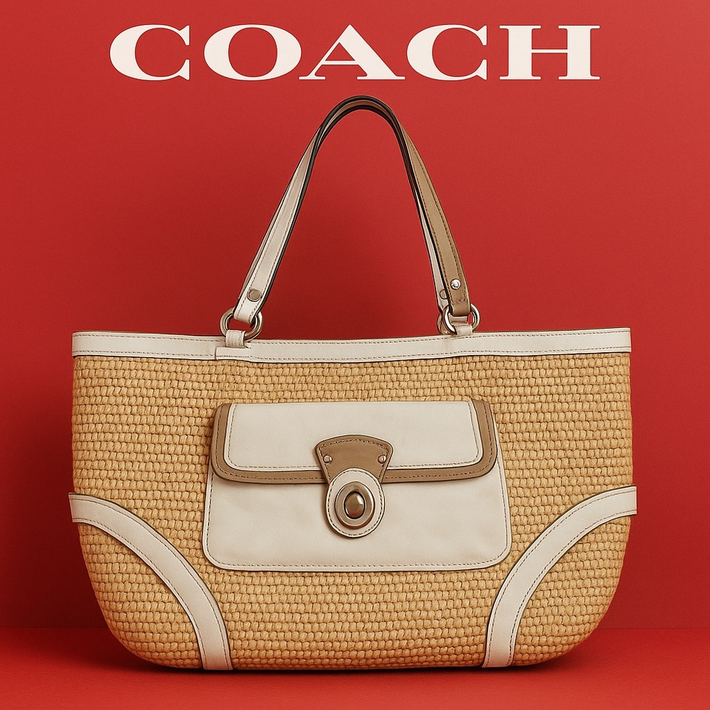 Coach Natural Straw & White Leather Trim Shoulder Bag preowned